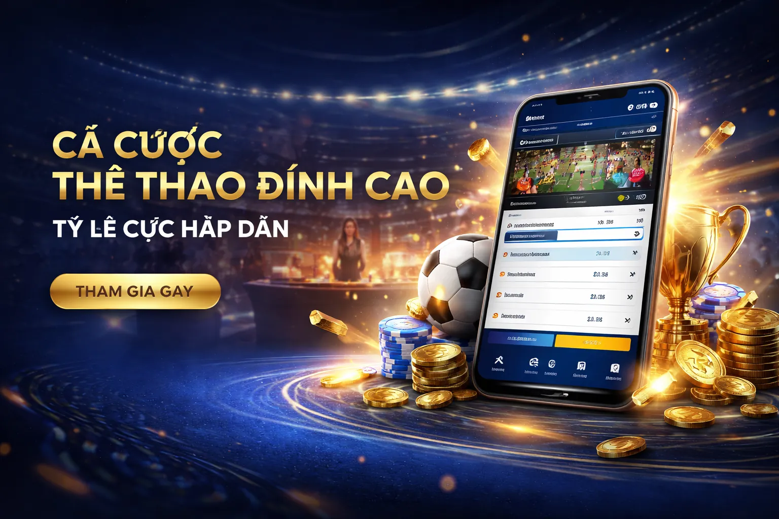 Sảnh cá cược thể thao 777vin777 với hình ảnh sân vận động và bảng tỷ lệ kèo